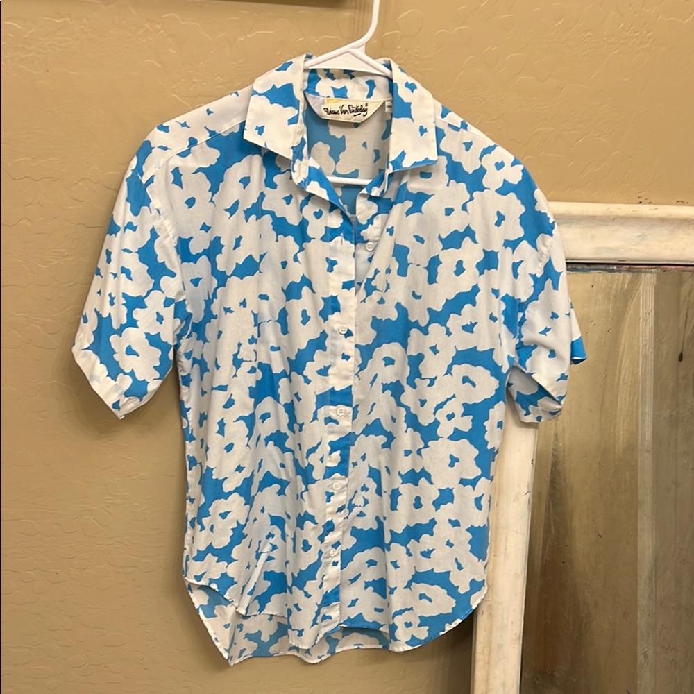 Vintage Diane Von Furstenberg Blue and White Floral Button Down Shirt